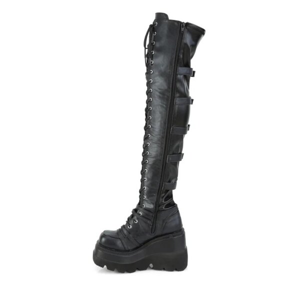 Demonia Shaker 350 Black Vegan Over the Knee Wedge Platform Boots Size 8 GOTH - Picture 1 of 10